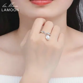 LAMOON 2017 Trendy 8mm Ovale Perler, ferskvandsperler S925 Ringe Sølv Fine Smykker Til Kvinder Bryllup Bands Tilbehør RI057