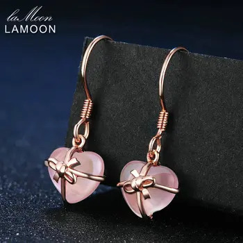 LAMOON 7X8mm Naturlige Centrum Lyserøde rosakvarts 925 Sterling Sølv Smykker Drop Øreringe S925 LMEI012
