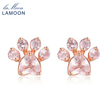 LAMOON 925 sterling-sølv-smykker Bearfoot Naturlig Gemstone Rosa Kvarts Rosa Guld Stud Øreringe til Kvinder Pink EI040