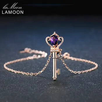 LAMOON Crown Nøglen til Hjertet Natural Amethyst S925 Sterling Sølv Smykker Rose Forgyldt Charm Armbånd til Kvinder, Armbånd HI024