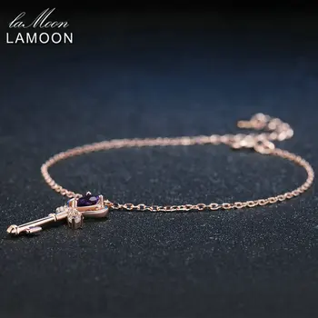 LAMOON Crown Nøglen til Hjertet Natural Amethyst S925 Sterling Sølv Smykker Rose Forgyldt Charm Armbånd til Kvinder, Armbånd HI024