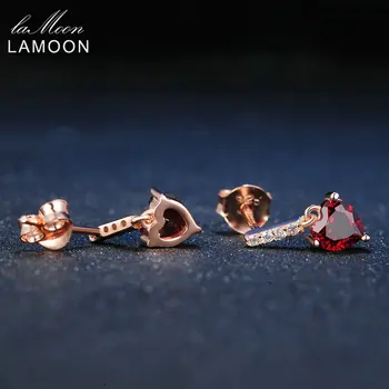 Lamoon Dråbe Øreringe Fine Smykker, Trendy 0.6 ct Hjerte Naturlige Røde Garnet 925 Sterling-sølv-smykker 18K Rosa Guld S925 LMEI030