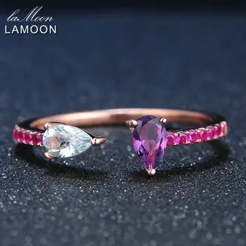 LAMOON Dråbeformet Naturlige Topas Ametyst 925 Sterling Sølv Justerbar Ring S925 Fine Smykker til Kvinder bryllupsgave LMRI043