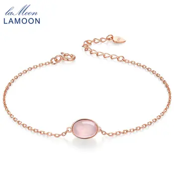 LAMOON Enkel 8x6mm Naturlige Ovale Pink Rose Quartz 925 Sterling Sølv Smykker S925 Charme Armbånd LMHI023