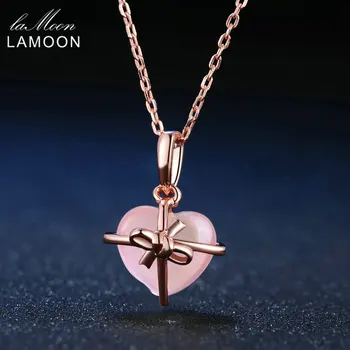 LAMOON Hjerte 9x10mm Naturlig Gemstone rosakvarts Kæde Halskæde 925 Sterling Sølv Smykker, Rose Guld Belagt LMNI016
