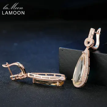 Lamoon Luksus Gemstone Naturlig Citrin 925 Sterling Sølv Dråbe Øreringe S925 Fine Smykker, Rose Guld Belagt For Kvinder LMEI024