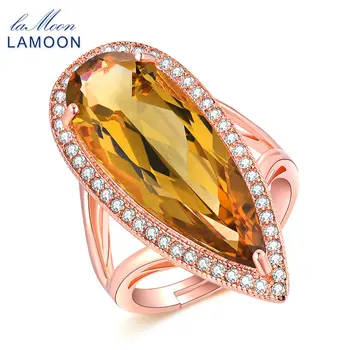 LAMOON Luksus Gemstone Naturlig Dråbeformet Citrin 925 Sterling Sølv Cocktail Ring Kvinder, Smykker, Guld Farve S925 LMRI041
