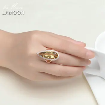 LAMOON Luksus Gemstone Naturlig Dråbeformet Citrin 925 Sterling Sølv Cocktail Ring Kvinder, Smykker, Guld Farve S925 LMRI041