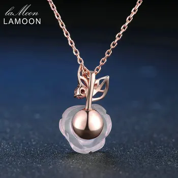 LAMOON Steg Blomst 925 Sterling Sølv Kæde&Pendent Til Kvinder, Naturlig Gemstone rosakvarts Fine Smykker LMNI025
