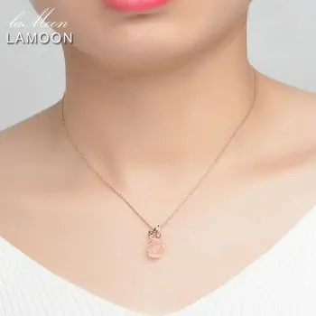 LAMOON Steg Blomst 925 Sterling Sølv Kæde&Pendent Til Kvinder, Naturlig Gemstone rosakvarts Fine Smykker LMNI025