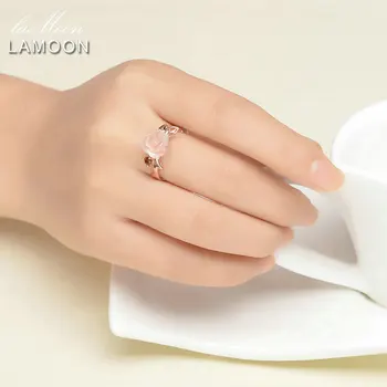 LAMOON Steg Blomst 9mm Naturlige Lyserøde rosakvarts Justerbar Ring 925 Sterling Sølv Smykker til Kvinder Bryllup LMRI025