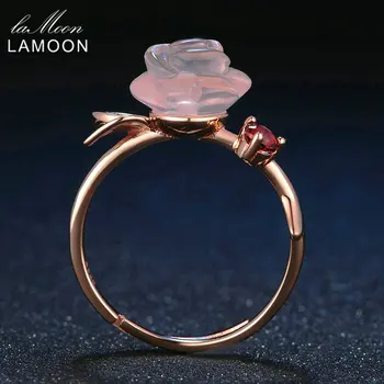 LAMOON Steg Blomst 9mm Naturlige Lyserøde rosakvarts Justerbar Ring 925 Sterling Sølv Smykker til Kvinder Bryllup LMRI025