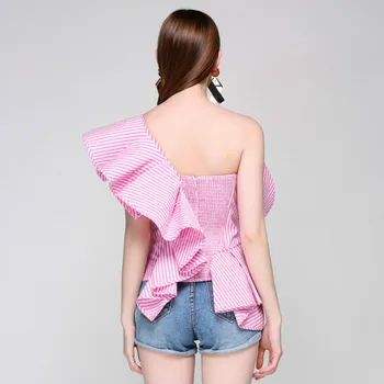 Landingsbanen Kvinder Bluser Sexet Off Skulder Strippet Designer Flæser Toppe 2017 Sommeren Feminin Bluse Part Blå Pink Top Shirts