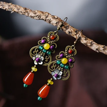 Lange etniske dråbe øreringe antikke til kvinder shell blomst, rød, gul sten-bronze legering farve hængende krog style vintage smykker