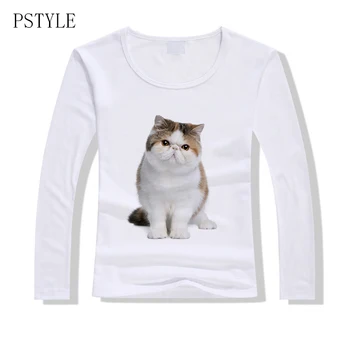 Langærmet T-Shirt Kvinder Dyr Cat T-shirt Søde Kvindelige O-hals Hvid Tshirt Girls Fashion Top Tee Mærke PSTYLE Foråret Tøj
