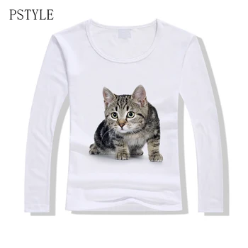 Langærmet T-Shirt Kvinder Dyr Cat T-shirt Søde Kvindelige O-hals Hvid Tshirt Girls Fashion Top Tee Mærke PSTYLE Foråret Tøj