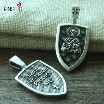 Lanseis 1stk mænd halskæde Saint Saint Nicholas mig Beskytte familien Skjold Beskyttelse på tværs af medaljen vedhæng saint talisman smykker