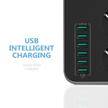LDNIO Smart USB Strømforsyning Opladning 6 USB-Port, 5V 3.4 EN Oplader Adaptere 3 AC-Strøm, Stikkontakter EU-Plug Udvidelse Socket