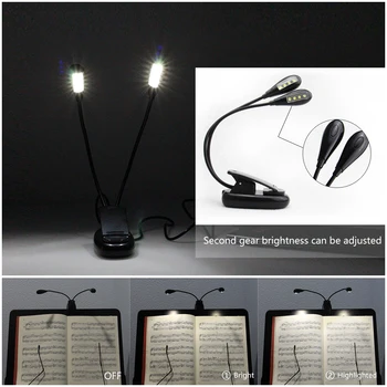 LED-Book Lys klavermusik Score Lampe 8LEDs Clip-On To Arme Læsning Skrivebord bordlampe Fleksibel Nat Lys