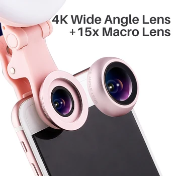 LED Selfie Ring Lampe Makeup Styrke Fyld Lys med Vidvinkel/Makro Kamera Linse til iPhone Xiaomi Youtube Video Broadcast
