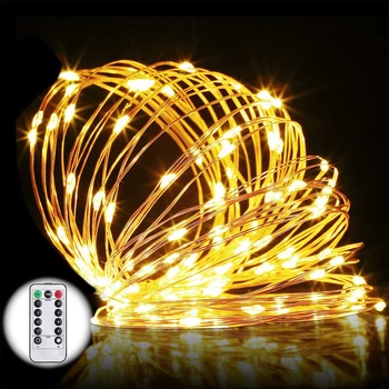 LED String Lys batteridrevne med Fjernbetjening Fleksibel Kobber Sølv Wire 10M 100 lysdioder Vandtæt Udendørs Jul