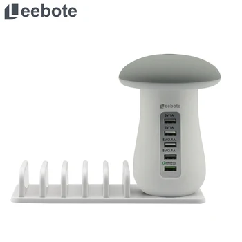 Leebote Multi-Port-USB-Oplader, Champignon Nat-Lampe USB-Opladning Station Dock QC 3.0 Hurtig Oplader til Mobiltelefon og Tablet