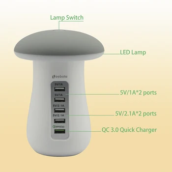 Leebote Multi-Port-USB-Oplader, Champignon Nat-Lampe USB-Opladning Station Dock QC 3.0 Hurtig Oplader til Mobiltelefon og Tablet