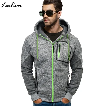 LeeLion 2018 Fleece Hættetrøjer Mænd Mode Patchwork Sweatshirts Forår Sommer Lynlås Cardigan Sportstøj Slim Fit Solid Træningsdragt