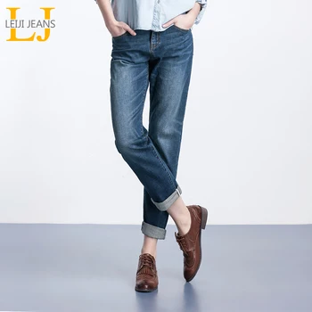 LEIJIJEANS 2018 Nye Ankomst Foråret Plus Size Fashion, Bleget Klassiske Blå Strækning Midt i Livet Løs Kæreste Fuld Længde Jeans