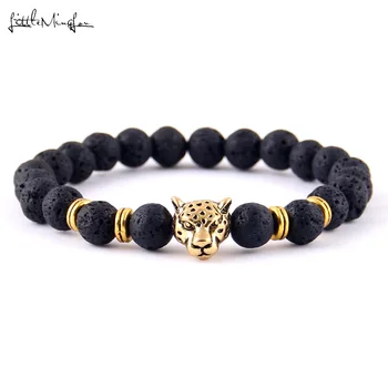 Lidt Minglou Guld Farve Leopard hoved charme Armbånd sort lava Perler natursten mænd, Armbånd til Mænd, Smykker