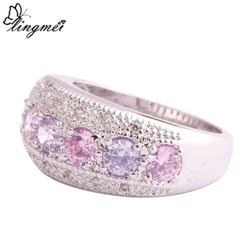 Lingmei Engros Generøse Mode Lady Pink CZ Turmalin Sølvfarvet Ring Størrelse 6 7 8 9 10 11 12 13 Romantisk Kærlighed Smykker Gave