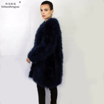 Linhaoshengyue 80cm Lang, lang design overtøj håndlavet struds uld ægte læder tyrkiet lang overtøj