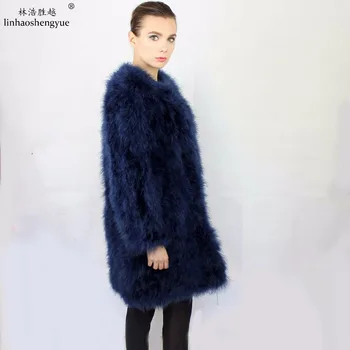 Linhaoshengyue 80cm Lang, lang design overtøj håndlavet struds uld ægte læder tyrkiet lang overtøj