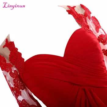 Linyixun Real Foto, Red Lace Kjoler til Brudens Mor 2017 Elegante Halv Ærme Chiffon Stropløs aftenkjole Mor til Bruden Kjole