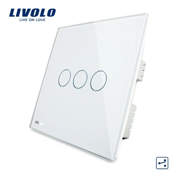 Livolo kontakt på Væggen, Hvid Krystal Glas Panel, AC 220-250V VL-C303S-61,3 Bander 2Way, Hjem Touch Screen Lys UK Skifte