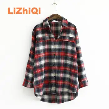 LIZHIQI Hot salg toppe kvindelig Efteråret ternet bluse Eengland preppy stil shirt, cardigan, casual løs Chemise,L303-1148