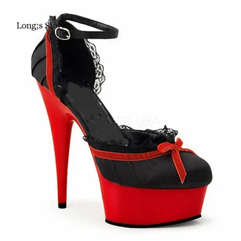 LLXF Plus size:35-45 46 damer forår/efterår platforme bryllup sko 15cm FLÆSER tynde høje hæle kvinders Patent Læder pumper