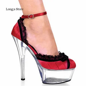LLXF Plus size:35-45 46 damer forår/efterår platforme bryllup sko 15cm FLÆSER tynde høje hæle kvinders Patent Læder pumper