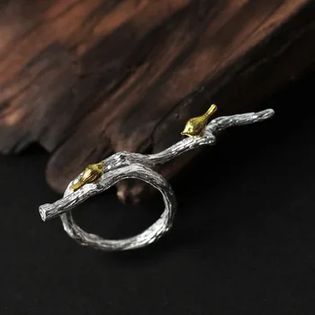 Lotus Sjov Ægte 925 Sterling Sølv Natural Original Håndlavet Fine Smykker Justerbar Ring Fugl på Grenen Ringe til Kvinder Bijoux