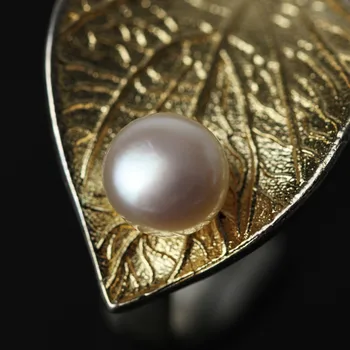 Lotus Sjov Ægte 925 Sterling Sølv Natural Pearl Håndlavet Designer Fine Smykker Kreative Åben Ring Blad Ringe til Kvinder Bijoux