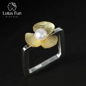 Lotus Sjov Ægte 925 Sterling Sølv Natural Pearl Håndlavet Fine Smykker Firkantet Ring Frisk Kløver Blomst Ringe til Kvinder Bijoux