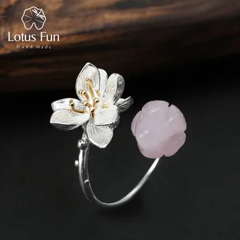Lotus Sjov Ægte 925 Sterling Sølv Natural Rose Quartz Håndlavet Fine Smykker, Blomster Ring Lotus Hvisker Ringe til Kvinder Bijoux