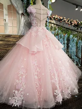 LS00196 robe de soiree sofa lynlås tilbage gulv længde cap ærmer bolden kjole 3D blomster luksus pink aften kjoler ægte fotos