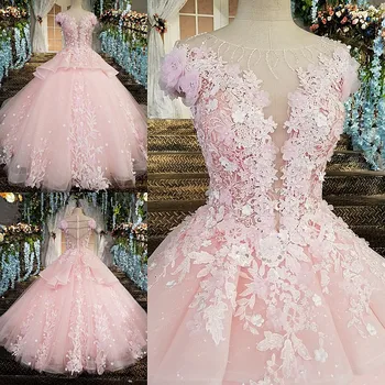 LS00196 robe de soiree sofa lynlås tilbage gulv længde cap ærmer bolden kjole 3D blomster luksus pink aften kjoler ægte fotos