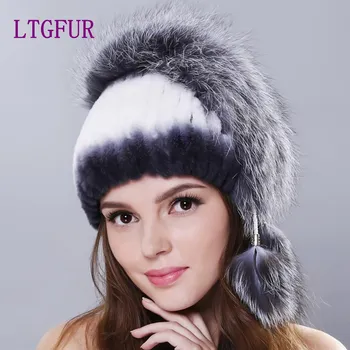 LTGFUR Vinteren kvinde rex kanin pels hat med hele ræv pels top 2018 nye strik pels hatte elastisk høj kvalitet kvinder cap
