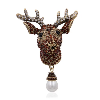 Lucky Jul Rådyr Elg Broche Pin Krystal Rhinestone Dyr Dråbeformet Perle Vintage Smykker Tilbehør Gave