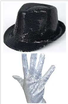 LUCKYLIANJI Mænd Kvinder Michael Jackson Sølv Paillet Handske + Capone Fest Trilby Dans, Voksne Part Prop Hat Sæt (Én Størrelse:58cm)