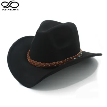 LUCKYLIANJI Uld Filt Vestlige Cowboy Hat Til Womem Mænd Wide Brim Sort Flettet Læder Band (One Size:57cm)