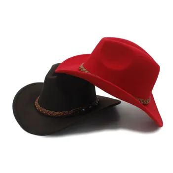 LUCKYLIANJI Uld Filt Vestlige Cowboy Hat Til Womem Mænd Wide Brim Sort Flettet Læder Band (One Size:57cm)