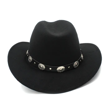 LUCKYLIANJI Uld Filt Womem Mænd Vestlige Cowboy Hat Med Bred Skygge Punk Læder Bælte Jazz Cap (One Size:57cm/US 7 1/8)